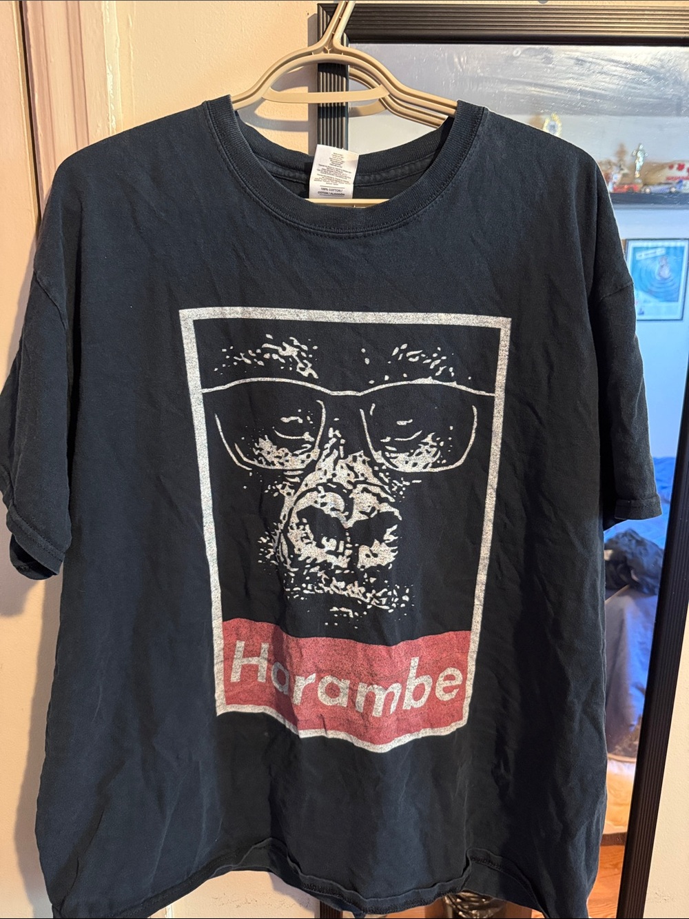Gildan Black Tee with White and Red Harambe Graphic